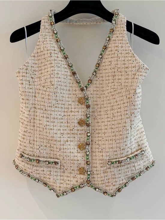 Jackets & Blazers - Designer Luxury Beaded Tweed V-Neck Vest in Cream and Gold